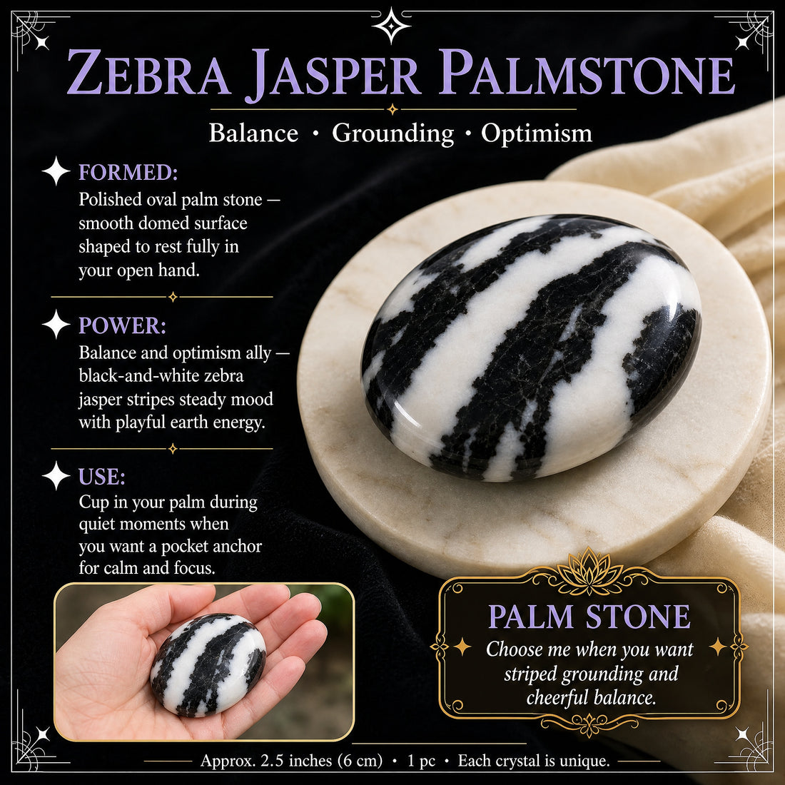 A zebra jasper palmstone on a marble dish, with an inset of the stone resting in an open palm