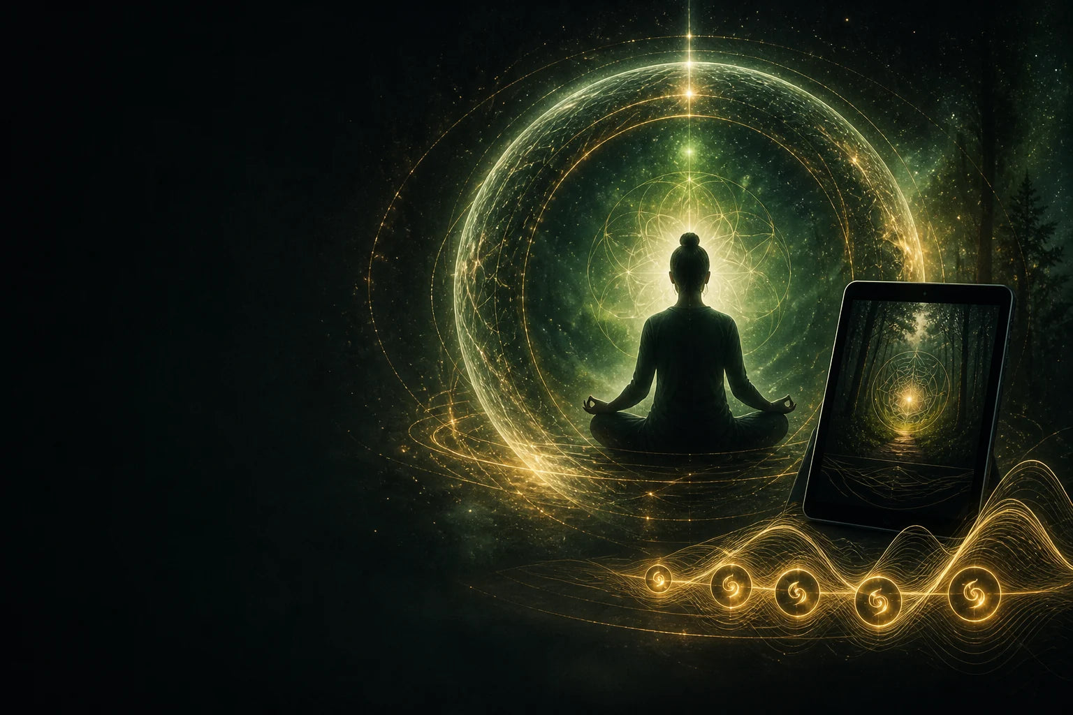 A meditating silhouette inside a glowing golden ring beside a tablet showing the field guide
