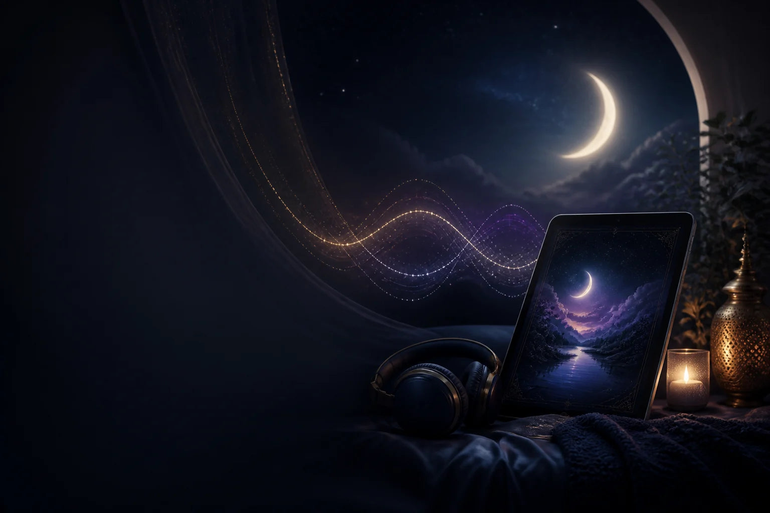 A tablet playing a sleep meditation beside headphones under a crescent moon